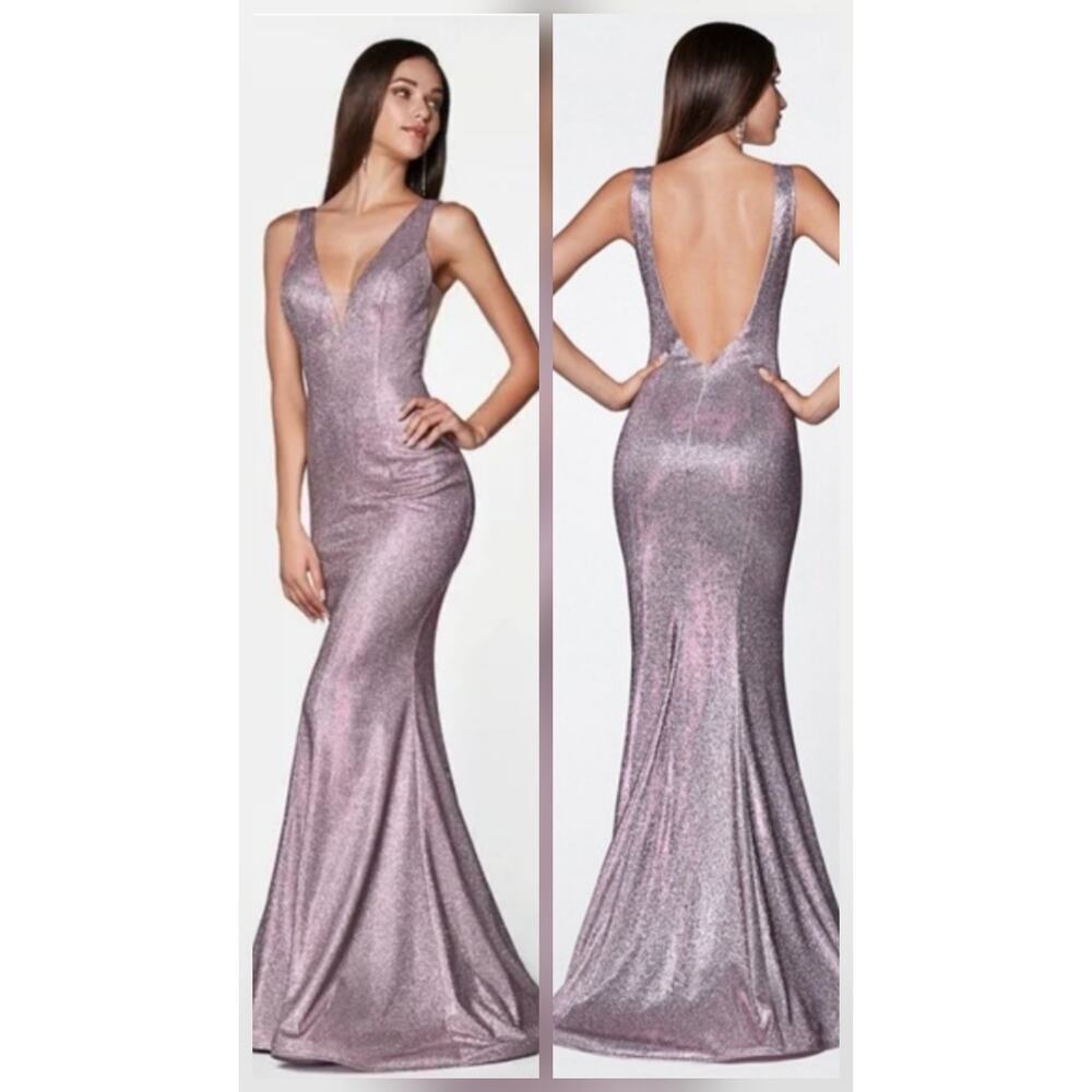 CINDERELLA DIVINE Blush Pink Metallic Long Formal Open Back Maxi Gown Dress SZ 8